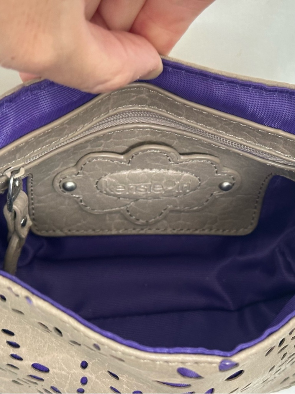 Kensie Girl Taupe Laser-Cut Mini Crossbody Bag with Purple Accent - Picture 11 of 13